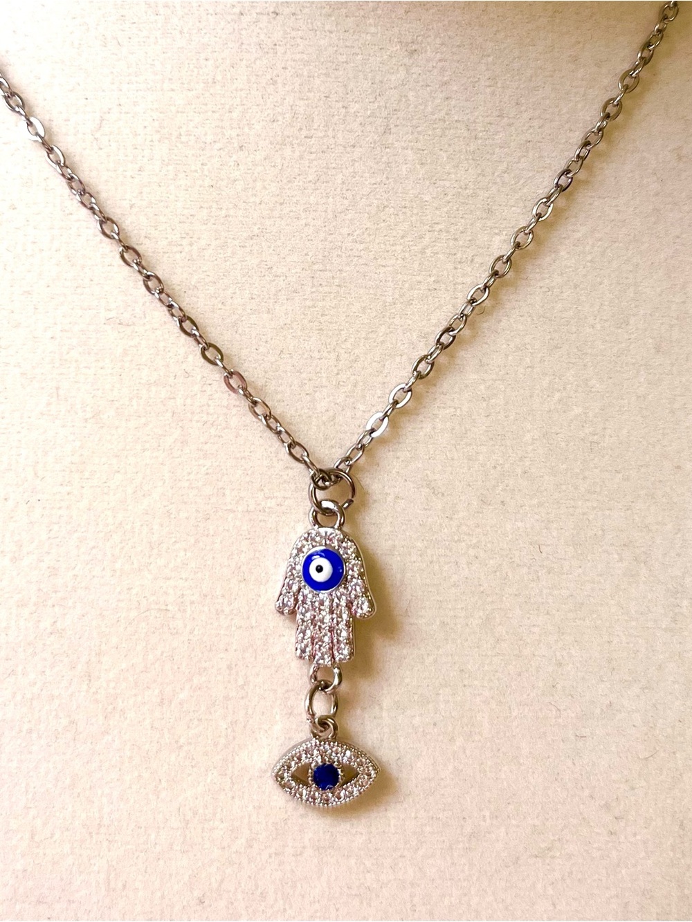 Silver Tone Hamsa Evil Eye Rhinestone Necklace